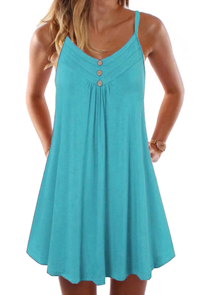 Green Spaghetti Strap Buttoned Shift Dress