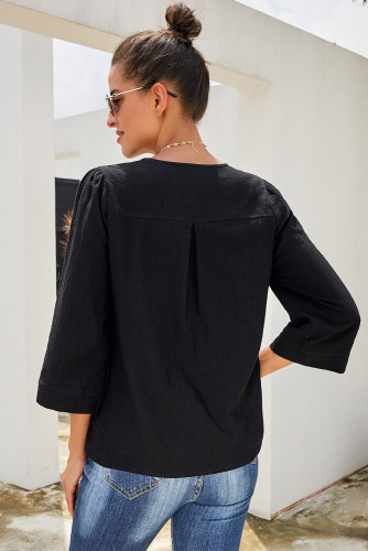 Black Boho Embroidered V Neck 3/4 Sleeve Casual Blouse