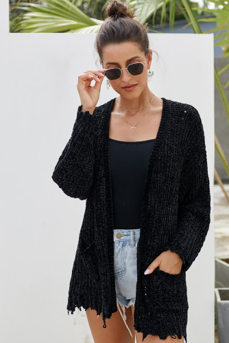 Black Chenille Knit Destroyed Cardigan Sweater