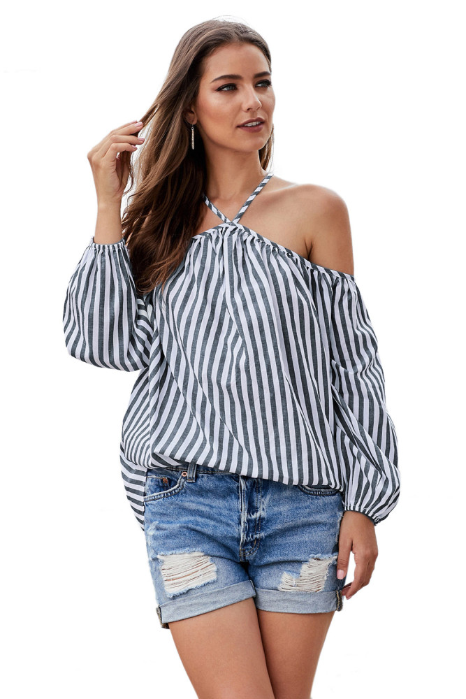 Gray Striped Off Shoulder Halter Blouse
