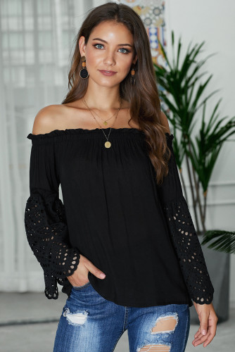 Black Off The Shoulder Eyelet Sleeves Blouse