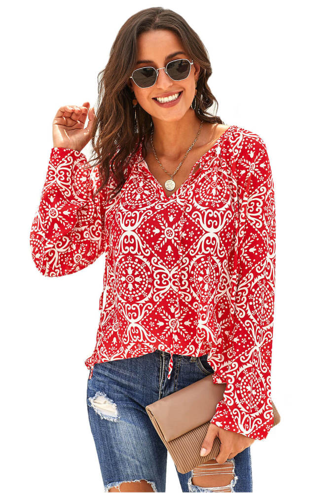 Red Long Sleeve V Neck Printed Chiffon Blouse