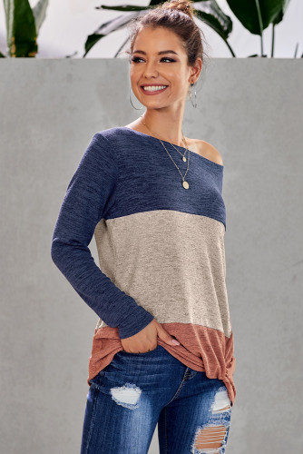 Blue Color Block Crew Neck Blouse