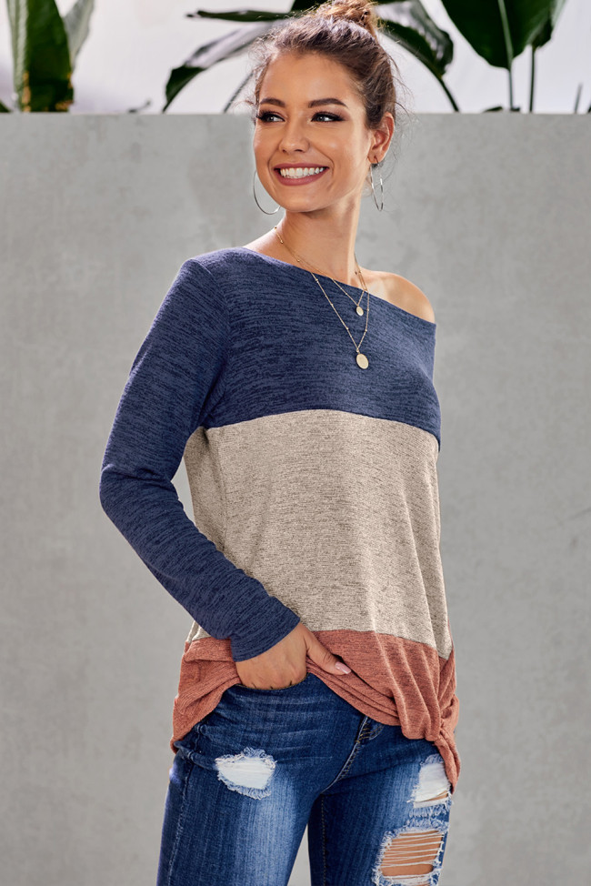 Blue Color Block Crew Neck Blouse