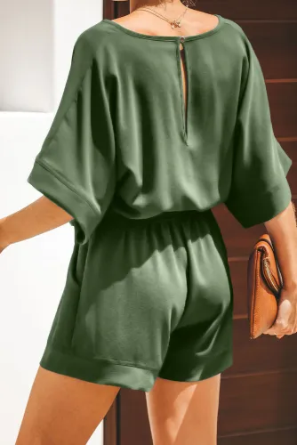 Dark Green Spring Scene Pocketed Tie Romper
