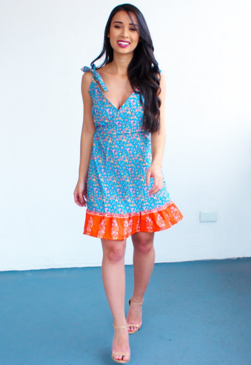 Sky Blue Surpliced V Neck Shoulder Strap Floral Dress
