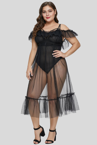 Black Plus Size Teddy Lingerie with Tulle Layer