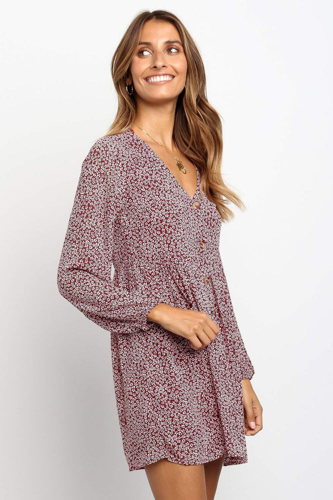 Red Printed V Neck Buttoned Long Sleeve Shirt Dress