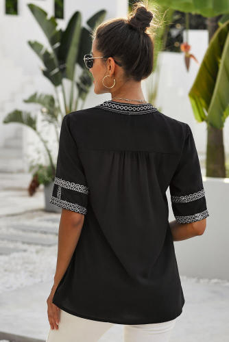 Black Elbow Length Sleeves Front Embroidery Blouse