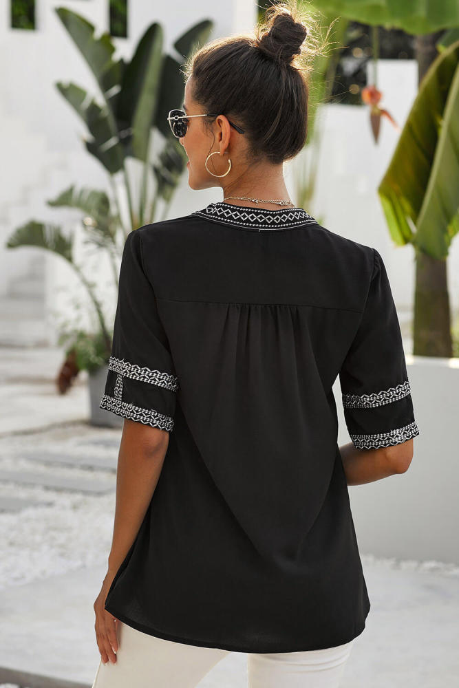 Black Elbow Length Sleeves Front Embroidery Blouse