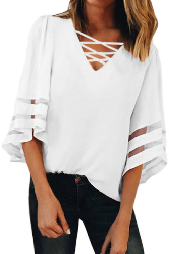 White Criss Cross Neck 3/4 Bell Sleeve Blouse