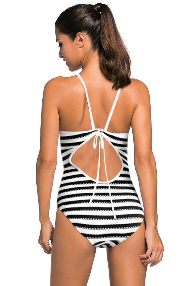 Monochrome Striped High Neck One Piece Maillot