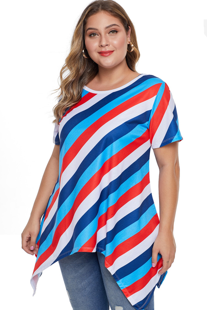 Blue Plus Size Striped Sharkbite Tee