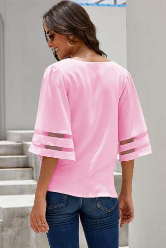 Pink V Neck Flared Sleeve Twisted Detail Loose Blouse