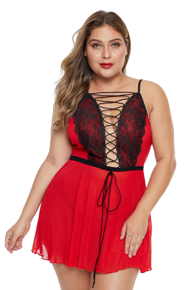 Red Lace-up Plus Size Babydoll