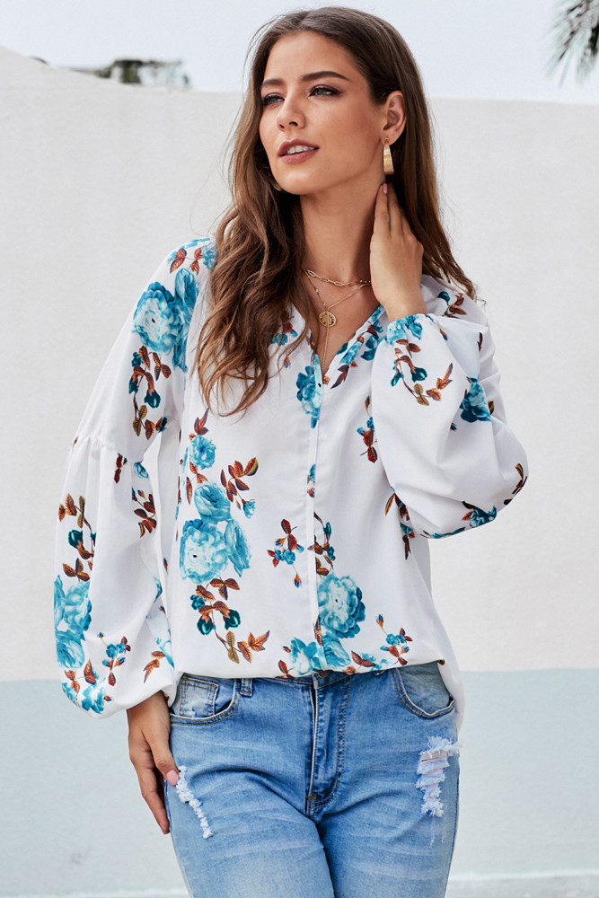 Green Ballon Sleeve Floral Shirt Top