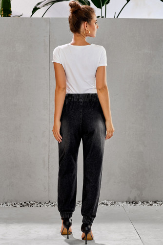 Black Distress Drawstring Pocketed Joggers