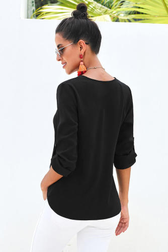 Black Button Down V Neck Sleeve Tie Shirt
