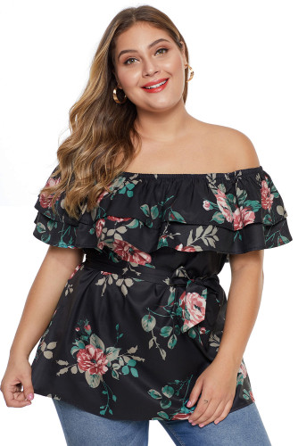 Black Plus Size Floral Tiered Off the Shoulder Top