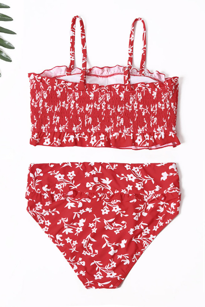 Red Floral Print Crop Top Bikini Set