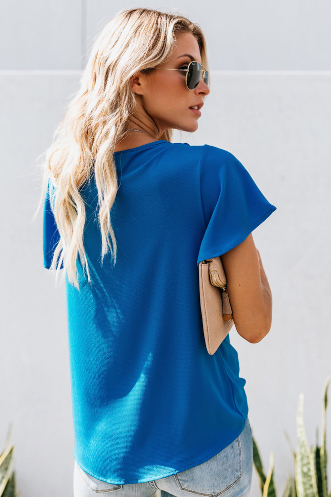 Blue Drape Wrap Front Pleated Chiffon Top