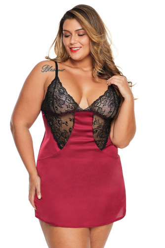 Red Coloblock Lace Cup Hollow-out Plus Size Babydoll