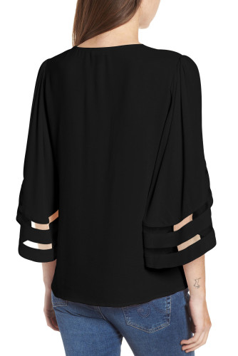 Black Criss Cross Neck 3/4 Bell Sleeve Blouse