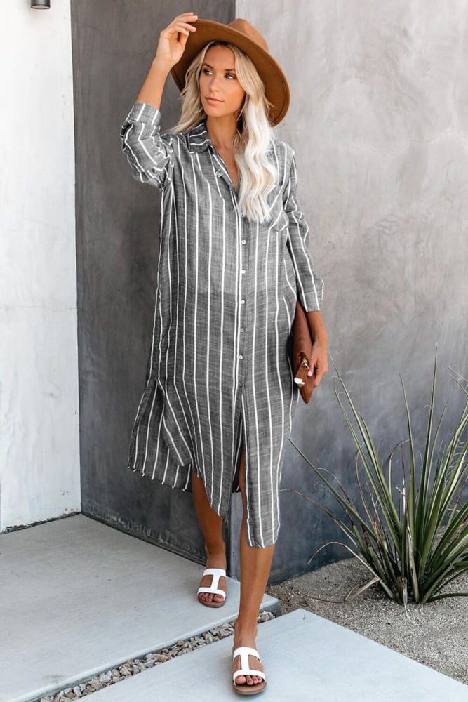 Gray Layover Button Down Shirt Dress Beachwear