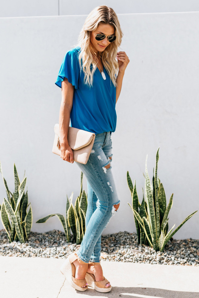 Blue Drape Wrap Front Pleated Chiffon Top