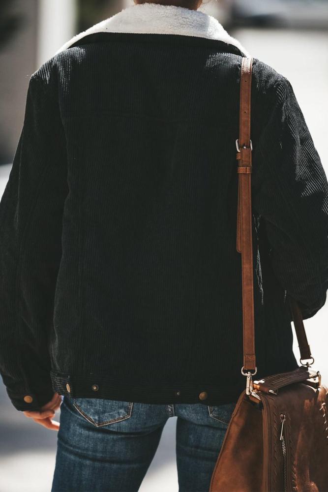 Black Fold Over Collar Zipper Plain Jacket
