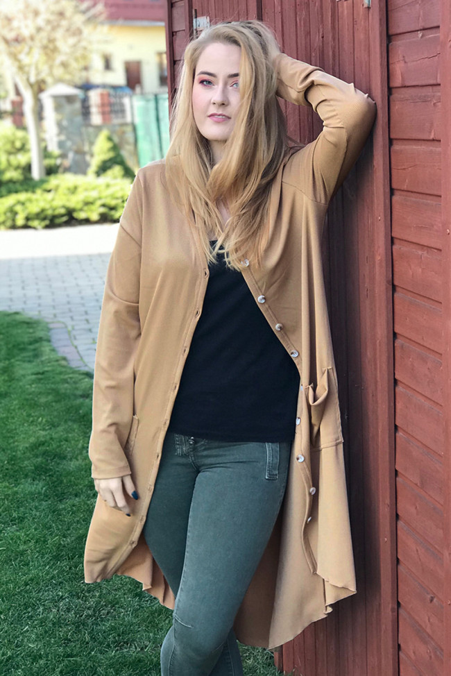 Khaki Selected Button Down Pocketed High Low Cardigan