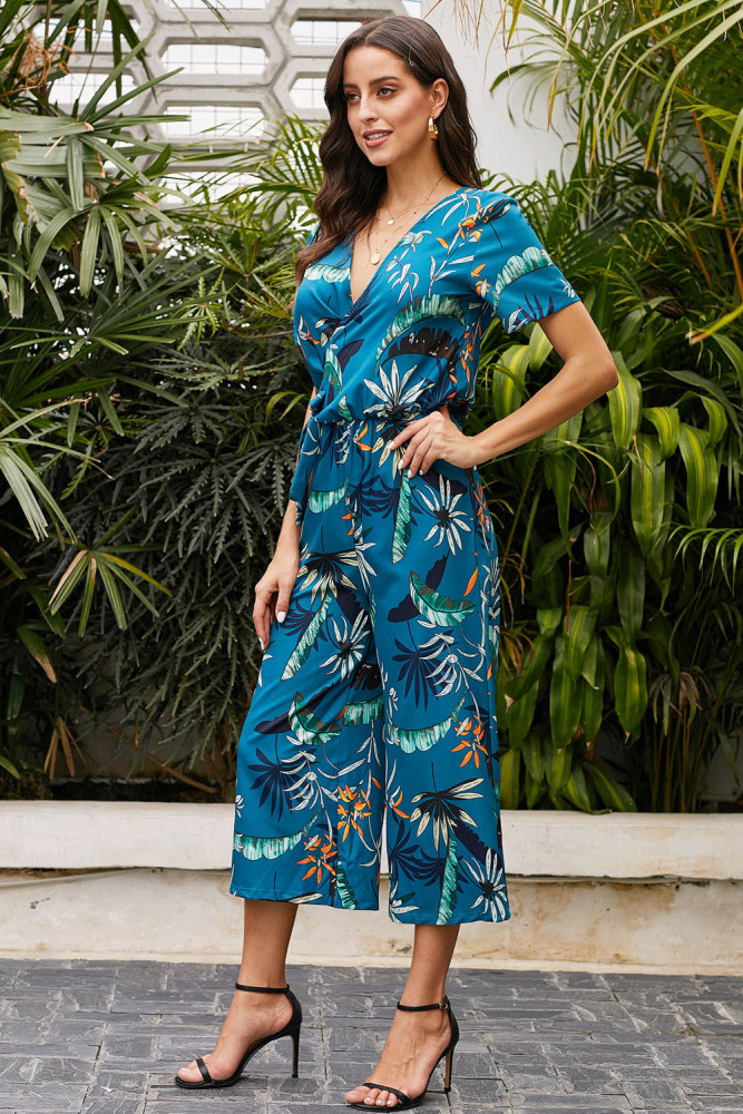 Sky Blue Wrap V Neck Floral Wide Leg Jumpsuit with Belt