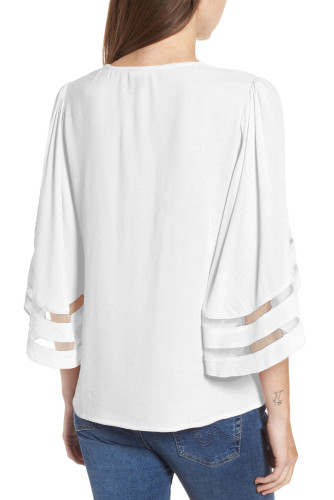 White Criss Cross Neck 3/4 Bell Sleeve Blouse