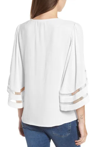 White Criss Cross Neck 3/4 Bell Sleeve Blouse