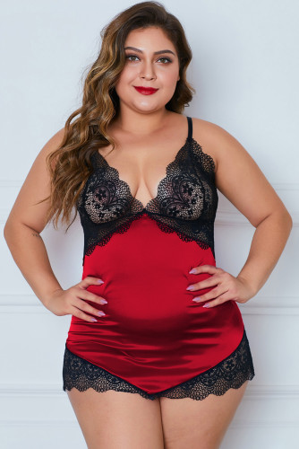 Red Lace Cups Silky Satin Plus Size Chemise