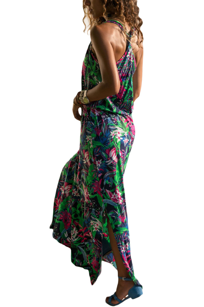 Green Twist Hollow-out Back Long Tank Dress with Print