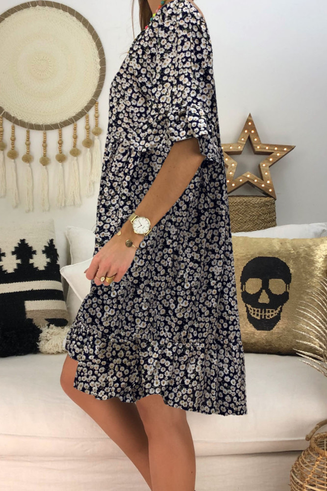 Black Loose Scoop Neck Floral Dress