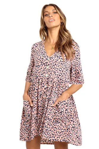 Pink Leopard Print V Neck Button Half Sleeves Swing Dress