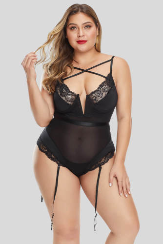 Criss Cross Detail Hollow-out Back Plus Size Teddy Lingerie