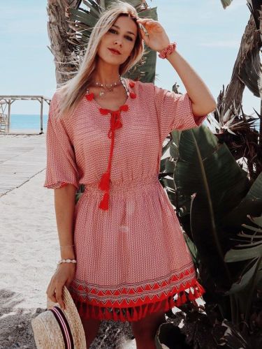 Red Summer V Neck 3/4 Sleeves Tassel-tie Dress