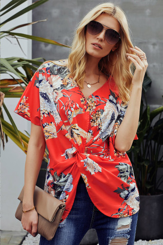 Orange Amaryllis Floral Twist Top