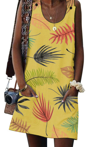 Yellow Bohemian Printed Drawstring Sleeveless Dress