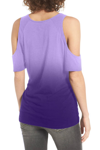 Purple Gradient Cold Shoulder Knot Twisted T-Shirt