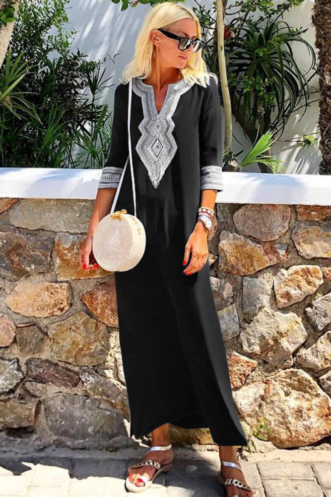 Black Casual Crochet Embroidered Slit Summer Dress