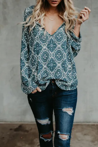 Blue Long Sleeve V Neck Printed Chiffon Blouse