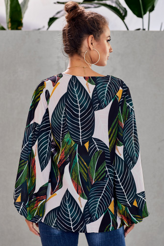 Green Boho Print Balloon Sleeve Blouse