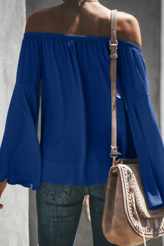 Blue Off The Shoulder Bell Sleeve Tie Blouse