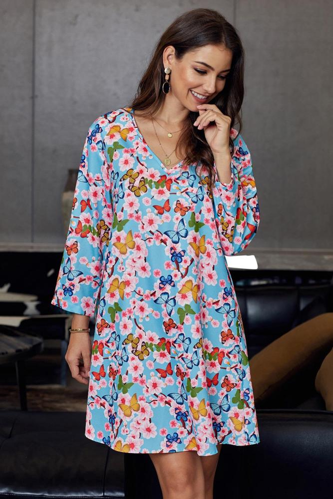 Multicolor Printed V-Neck Three Quarter Sleeve Loose Dress