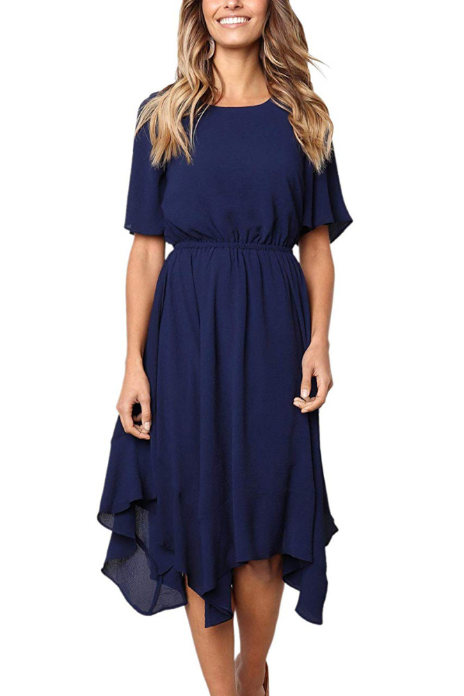 Blue Chiffon Irregular Hem Short Sleeve Pleated Dress