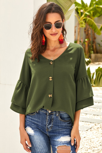 Green Cute V Neck Bell Sleeve Shift Blouse